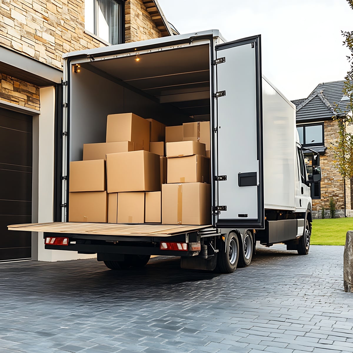 Camion de déménagement garé devant une maison moderne avec cartons chargés