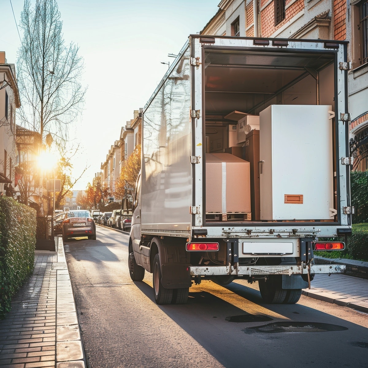 Camion de déménagement stationné dans une rue résidentielle avec électroménager à bord