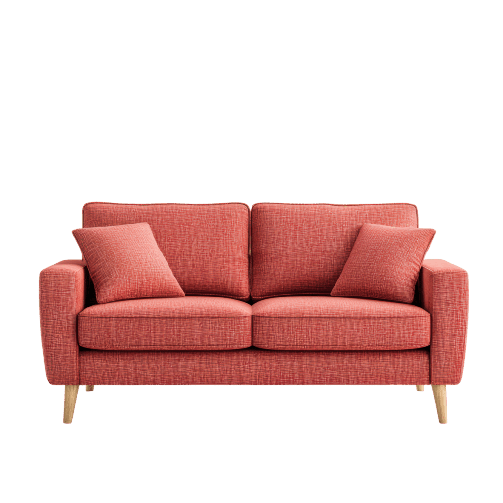 montage-meubles-fauteuil-rouge Canapé rouge neuf prêt à être installé après montage du mobilier.