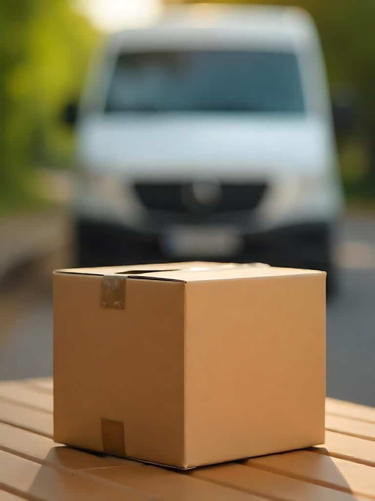 Colis en carton posé sur une table en bois, avec en arrière-plan flouté une camionnette de transport stationnée sur une route bordée d’arbres, au lever ou coucher du soleil.







