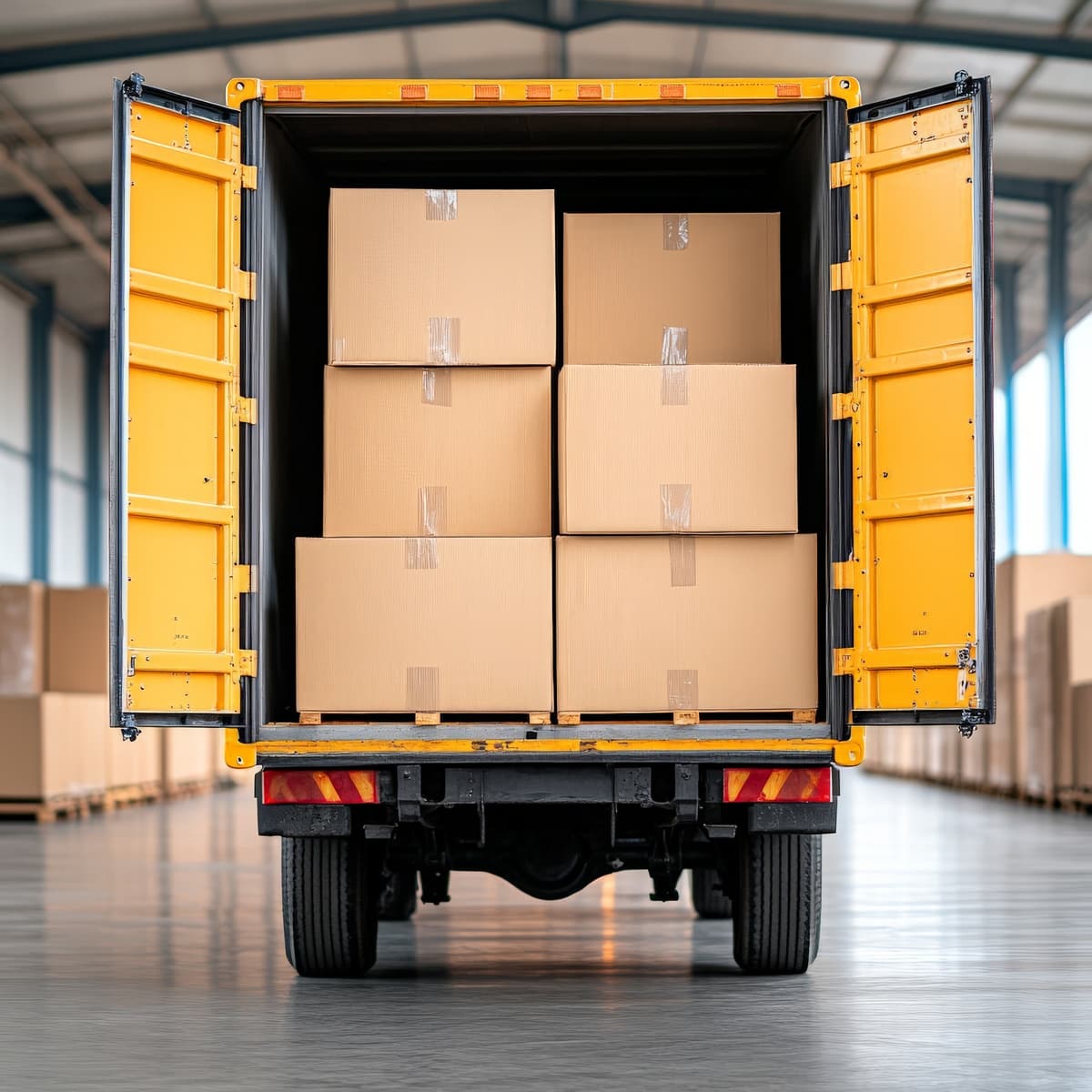 Vue arrière d’un camion de transport de marchandises rempli de cartons, prêt pour une livraison dans un entrepôt logistique.







