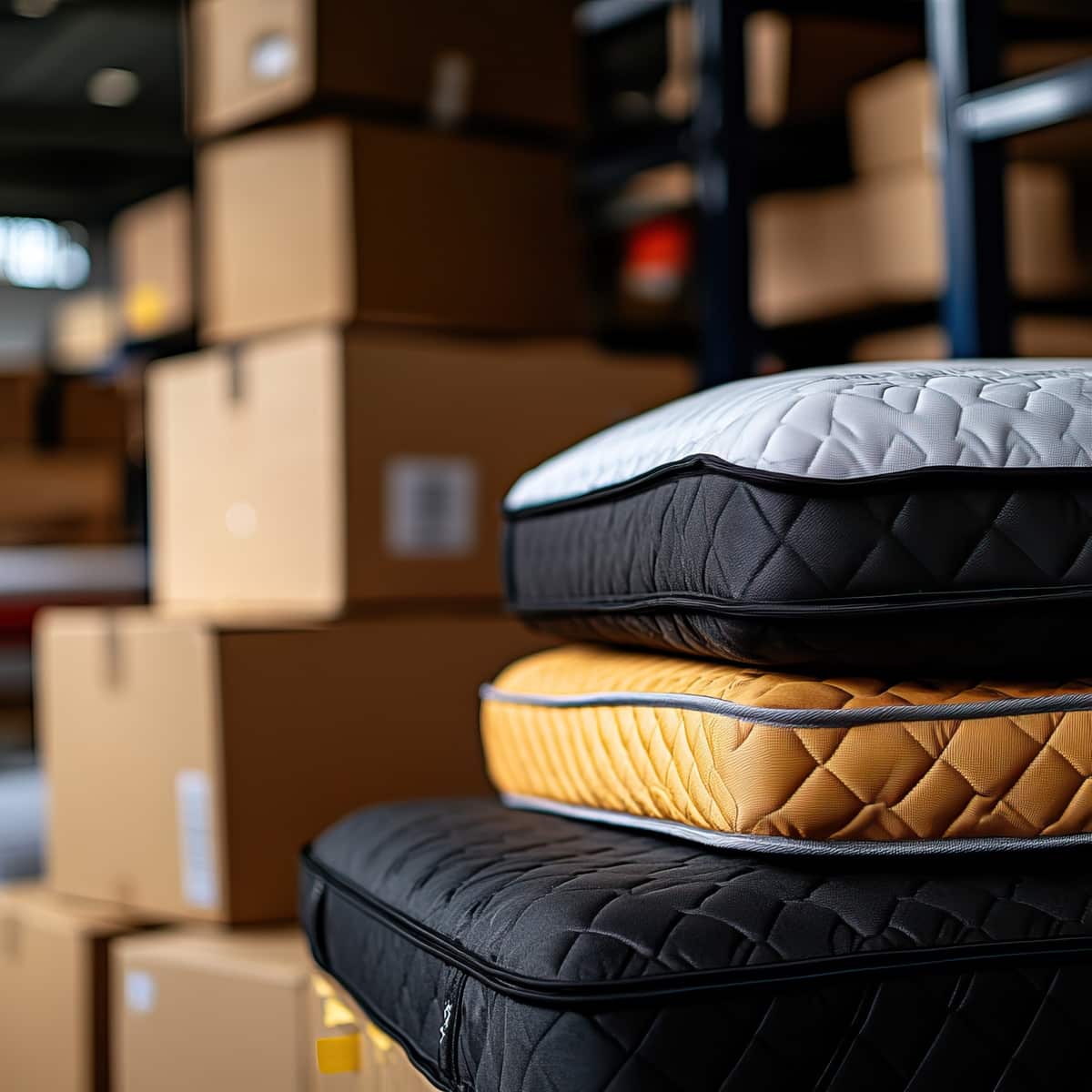 Matelas empilés sur le sol d’un entrepôt, entourés de cartons, illustrant le transport de marchandises volumineuses comme la literie et le mobilier.