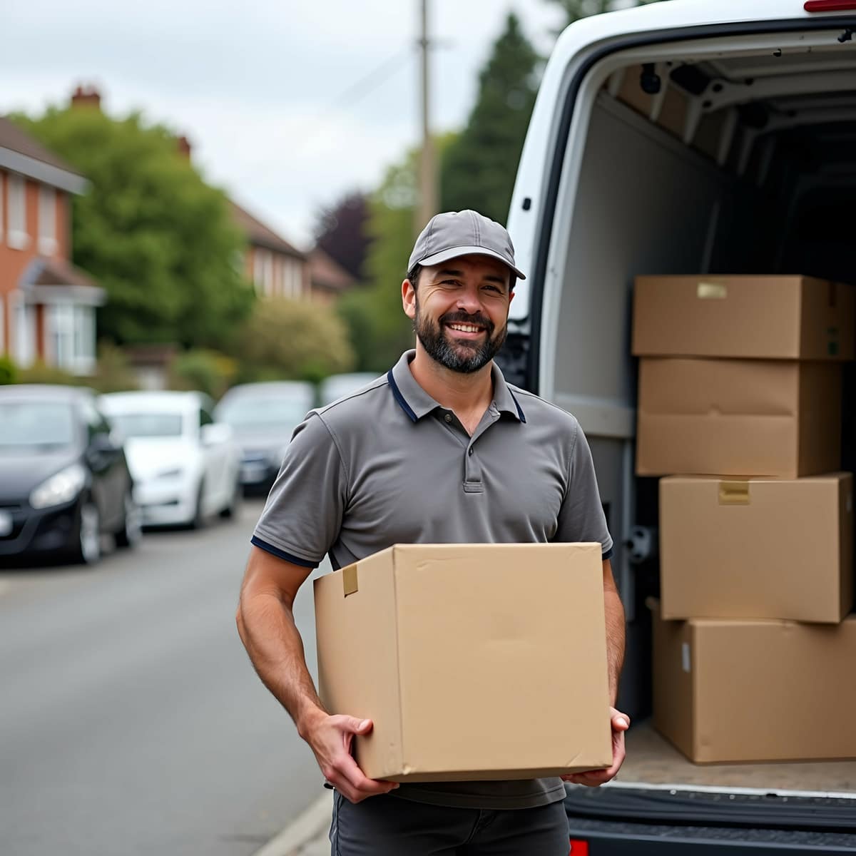 Livreur souriant tenant un carton devant un véhicule utilitaire ouvert, en pleine livraison de marchandises dans une rue résidentielle.